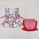 Floral Red Plaid Bows Blue Girls 4th of July Outfits