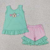 Starfish Shell Castle Embroidery Pink Plaid Green Girls Shorts Sets