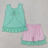 Starfish Shell Castle Embroidery Pink Plaid Green Girls Shorts Sets