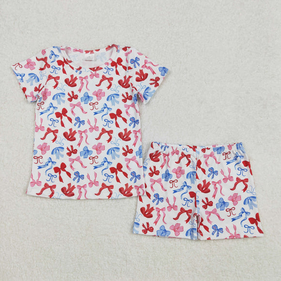Bow Pattern White Girls 4th of July Outfits