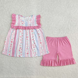 Floral Stripe Pink Ruffles Girls Shorts Sets