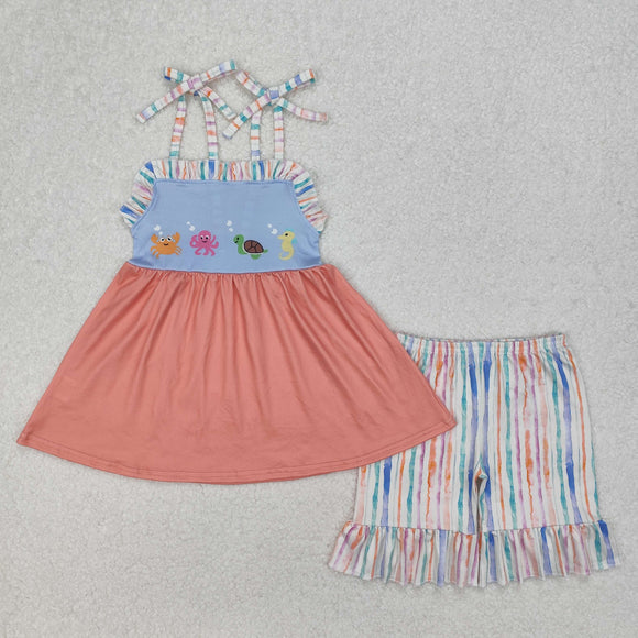 Crab Octopus Animals Stripe Orange Blue Girls Shorts Sets