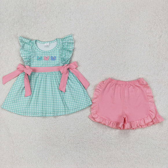Crab Green Plaid Pink Bows Girls Shorts Sets