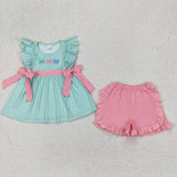 Crab Green Plaid Pink Bows Girls Shorts Sets