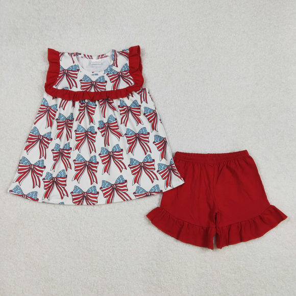 Bow Pattern Red Ruffles White Girls 4th of July Outfits
