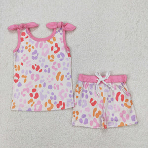 Colorful Leopard Print Pink Girls Shorts Sets