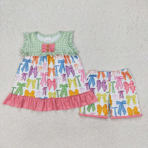Colorful Bow Pattern Green Plaid Girls Shorts Sets