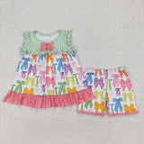 Colorful Bow Pattern Green Plaid Girls Shorts Sets