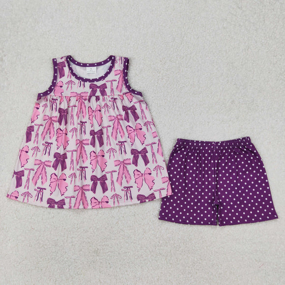 Pink Purple Bow Pattern Polka Dots Girls Shorts Sets