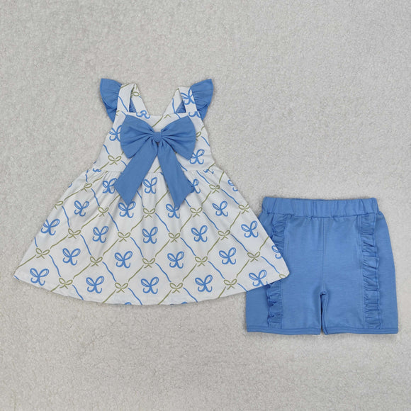 Blue Green Bow Pattern Plaid Girls Shorts Sets