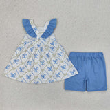 Blue Green Bow Pattern Plaid Girls Shorts Sets