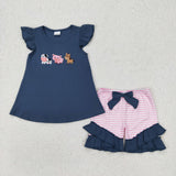 Farm Animals Cow Pig Horse Pink Stripe Navy Girls Shorts Sets