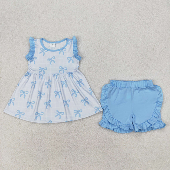 Bow Pattern Blue Ruffles Plaid Girls Shorts Sets