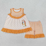 Cartoon Dogs Polka Dots Orange Plaid Girls Shorts Sets