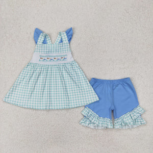 Fish Green Plaid Blue Girls Shorts Sets