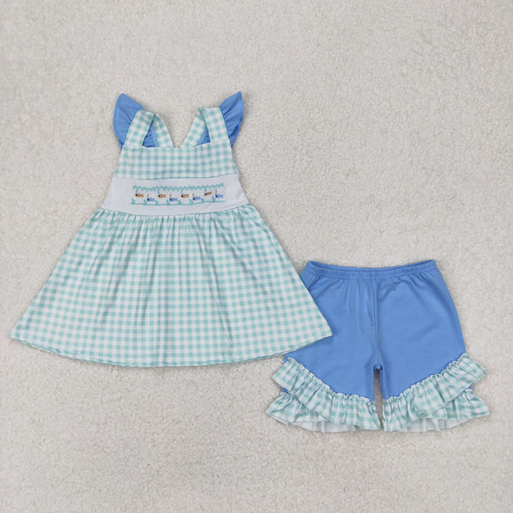 Fish Green Plaid Blue Girls Shorts Sets
