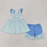 Fish Green Plaid Blue Girls Shorts Sets