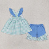 Fish Green Plaid Blue Girls Shorts Sets