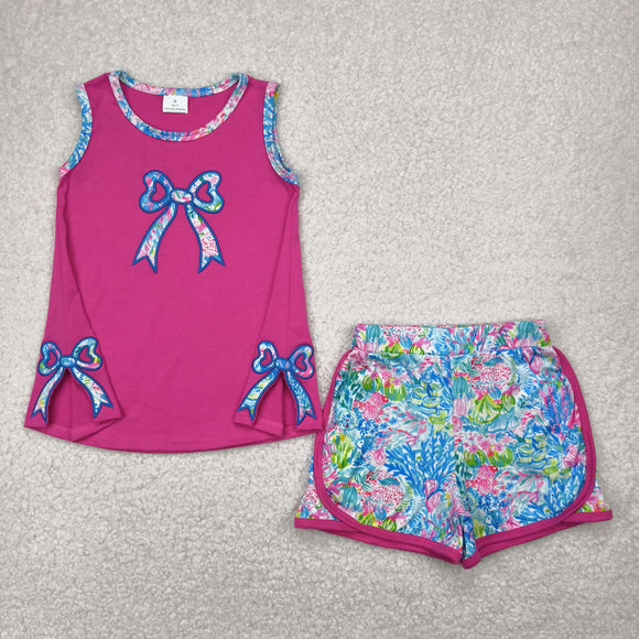 Bow Embroidery Sea Grass Hot Pink Girls Shorts Sets