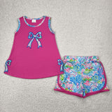 Bow Embroidery Sea Grass Hot Pink Girls Shorts Sets