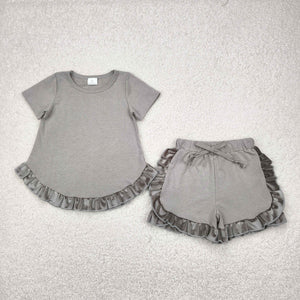 Solid Gray Velvet Ruffles Girls Shorts Sets