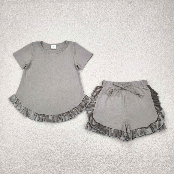Solid Gray Velvet Ruffles Girls Shorts Sets
