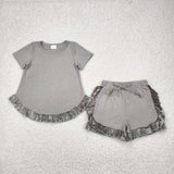 Solid Gray Velvet Ruffles Girls Shorts Sets