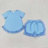 Solid Blue Velvet Ruffles Girls Shorts Sets