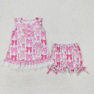 3-6M--6-7T Bow Pattern Pink Plaid Lace Ruffles Girls Shorts Sets