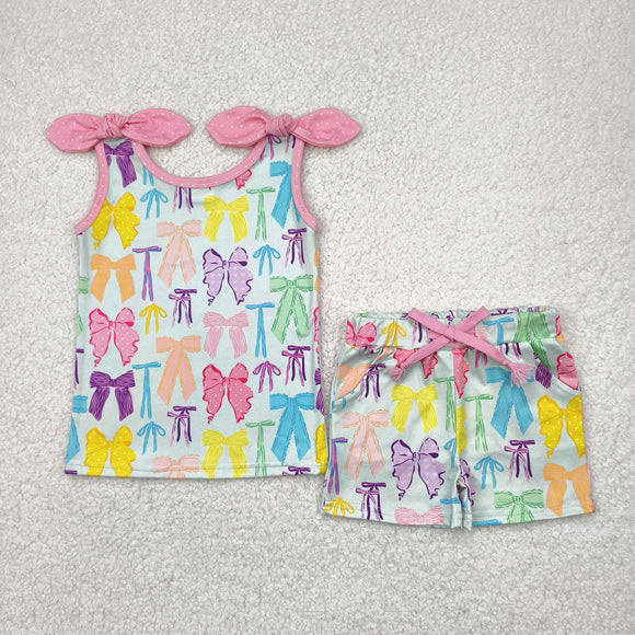 Colorful Bow Pattern Pink Green Girls Shorts Sets