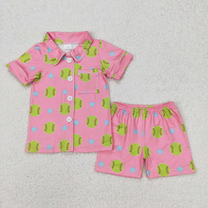 Softball Stars Pink Girls Short Sleeve Pajamas