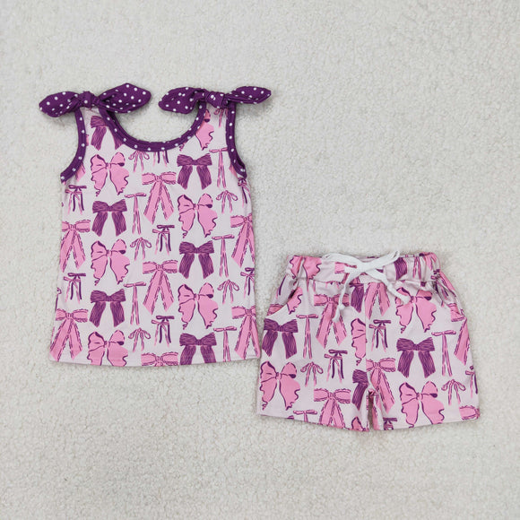 Pink Purple Bow Pattern Girls Shorts Sets
