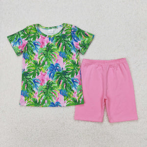 Palm Leaf Pink Girls Shorts Sets