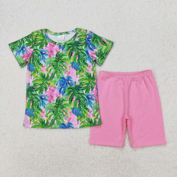 Palm Leaf Pink Girls Shorts Sets