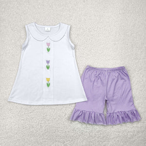 Floral Purple Plaid White Girls Shorts Sets