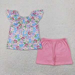 Pink Blue Floral Girls Shorts Sets