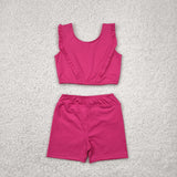 Solid Hot Pink Ruffles Athletic Yoga Girls Shorts Sets