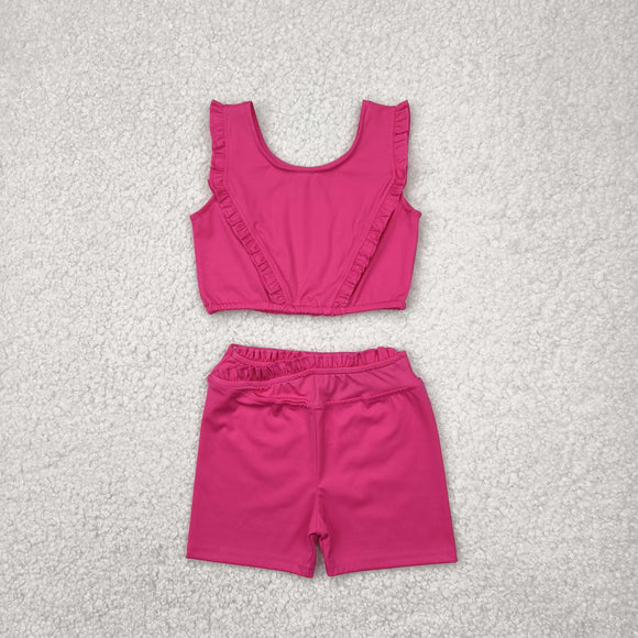 Solid Hot Pink Ruffles Athletic Yoga Girls Shorts Sets