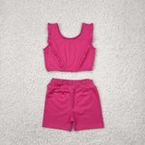 Solid Hot Pink Ruffles Athletic Yoga Girls Shorts Sets