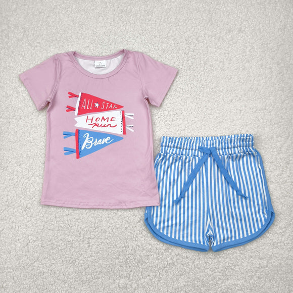 Brave Letters Blue Stripe Pink Girls Shorts Sets