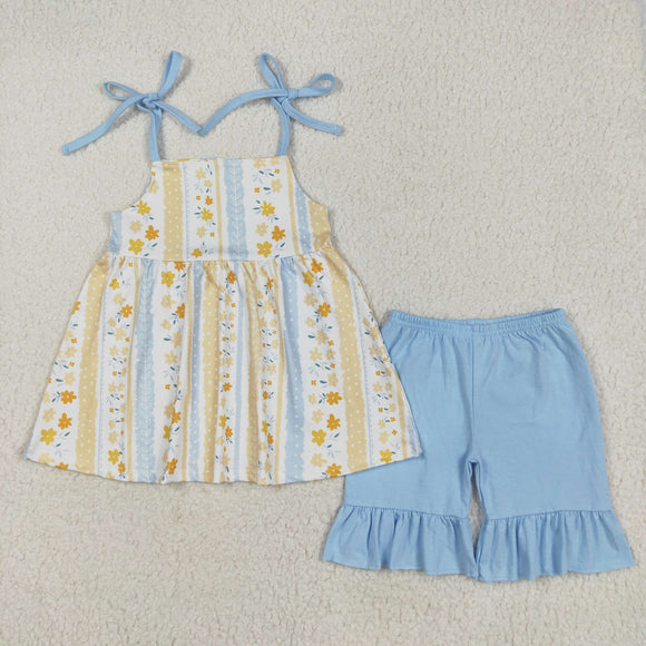 Yellow Floral Blue White Girls Shorts Sets