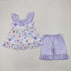 Floral Polka Dots Purple Ruffles Beige Girls Shorts Sets