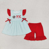 Baseball Green Stripe Red Ruffles Girls Shorts Sets