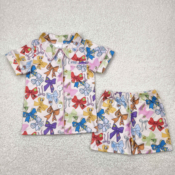 Cartoon Princess Bow Pattern Pink Girls Short Sleeve Pajamas