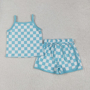 Blue Plaid Girls Shorts Sets