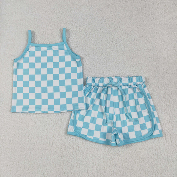 Blue Plaid Girls Shorts Sets