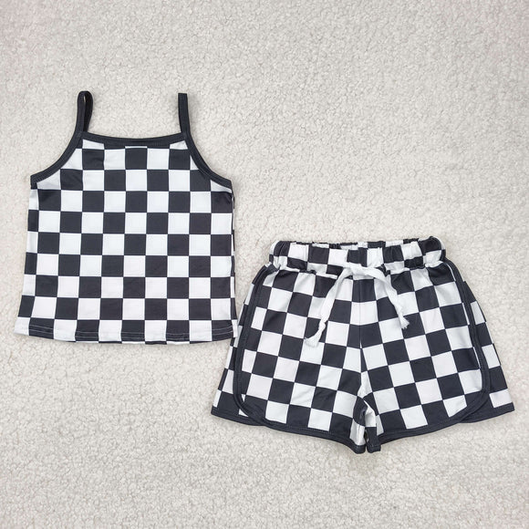 Black White Plaid Girls Shorts Sets