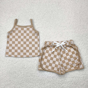 Brown Plaid Girls Shorts Sets
