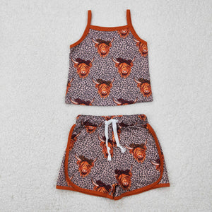 Highland Cow Leopard Print Girls Shorts Sets