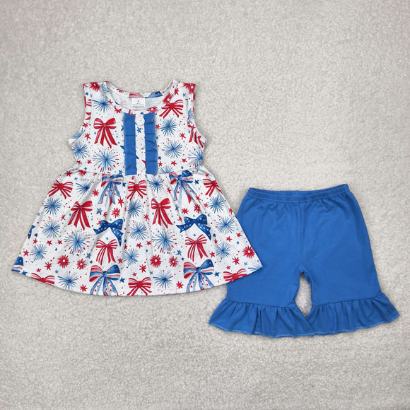 Bow Pattern Firework Blue Ruffles Girls 4th of July Outfits